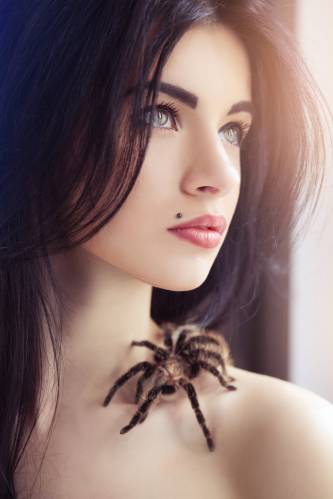 красивая брюнетка и большой паук на плече