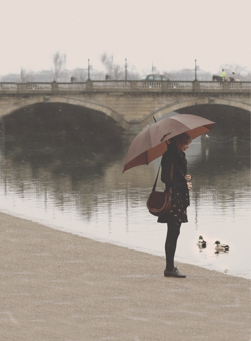 Девушка с зонтом и утки на реке
