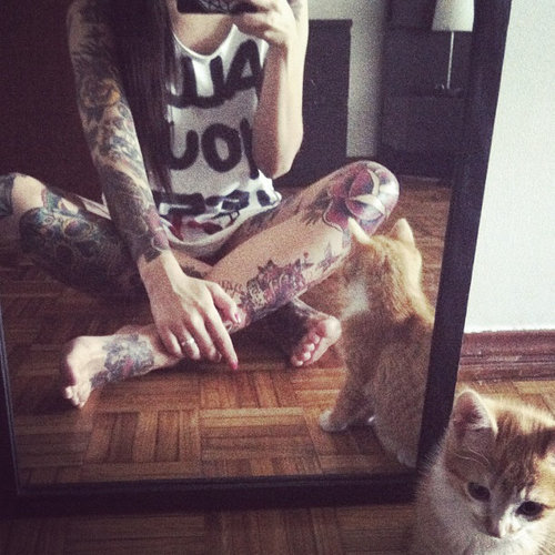 девушка с татуировками и рыжие котята