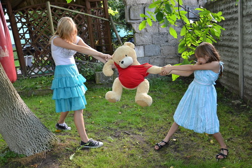 Две девчонки ссорятся из-за плюшевого медведя