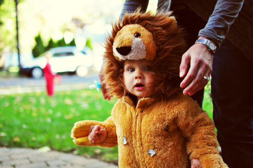 Ребенок в костюме львенка и руки папы