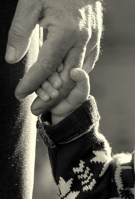 Малыш держит папу за руку