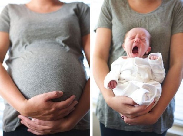 беременная мама и с новорожденным зевающим малышом