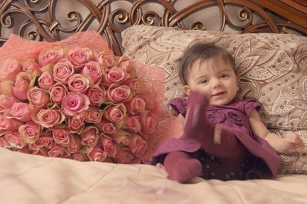 девчушка на кровати и букет роз