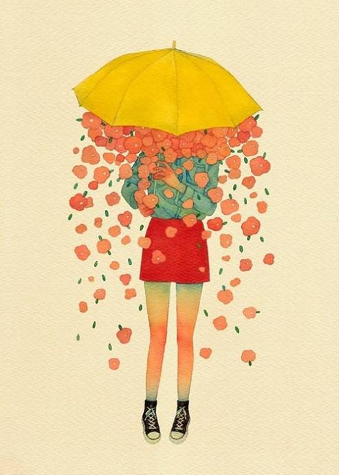 Девушка в кедах с желтым зонтиком