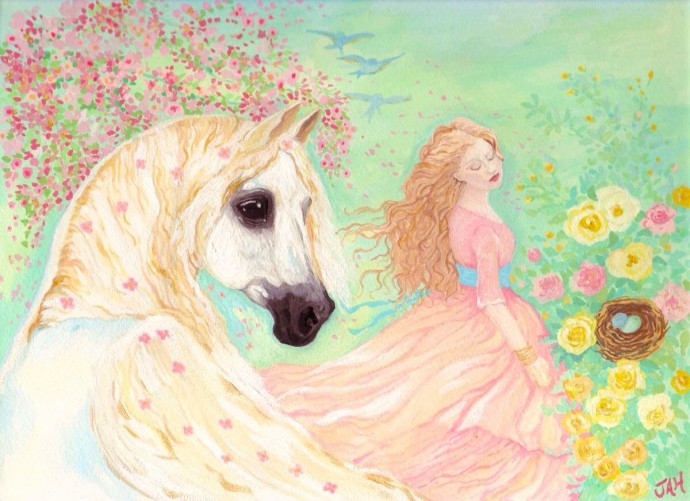 Девушка в розовом платье и лошадь