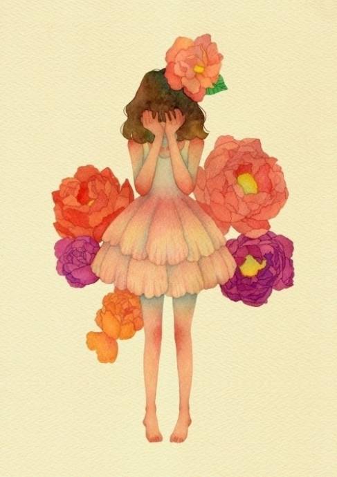 Плачущая девушка на фоне цветов