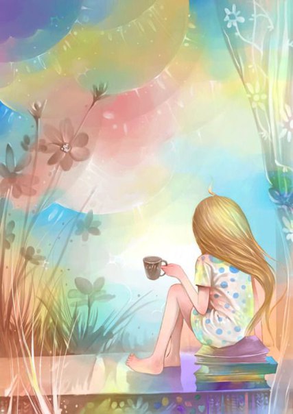 Радужный мир и девочка с чашкой на подоконнике