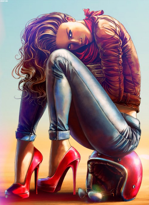 Девушка в джинсах, красных туфлях на мотоциклетном