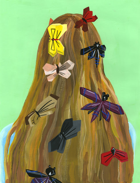 Девушка с разноцветными бабочками в волосах
