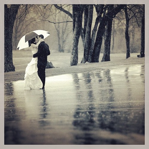 Жених и невеста с зонтом целуются под дождем